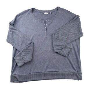 Reitmans Henley Sweater Blue Grey Ribbed Sleeve Relaxed Pullover Top Large